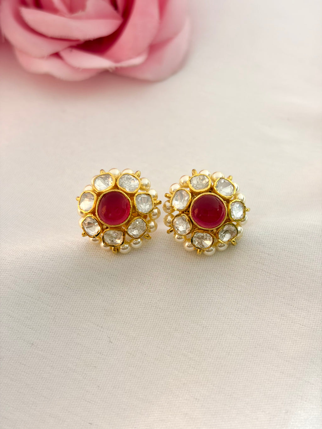 92.5 Silver Ruby Pearl Floral Stud Earrings