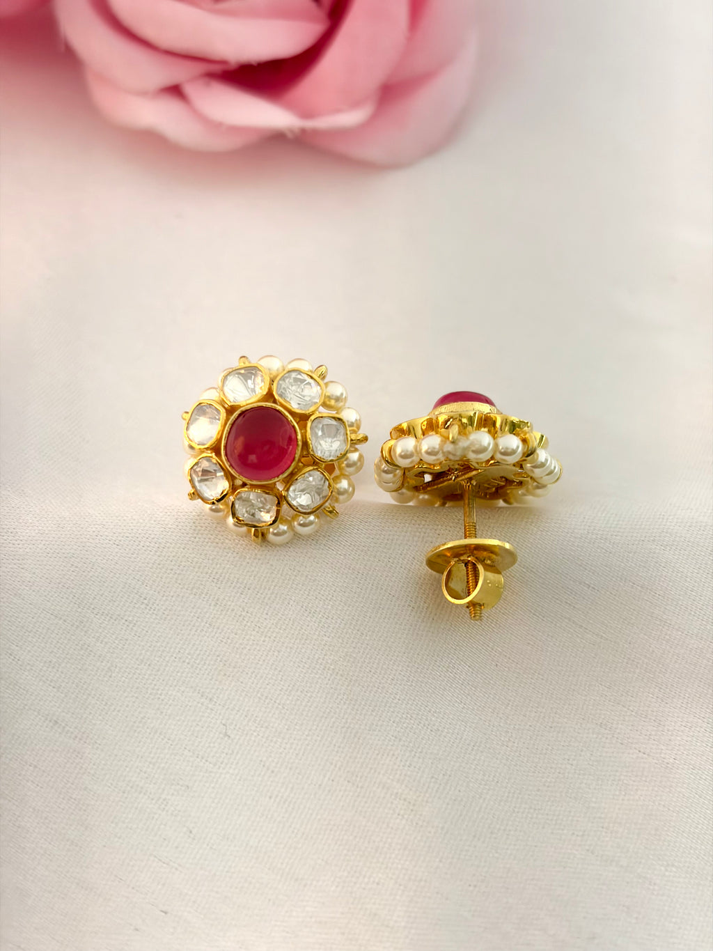 92.5 Silver Ruby Pearl Floral Stud Earrings