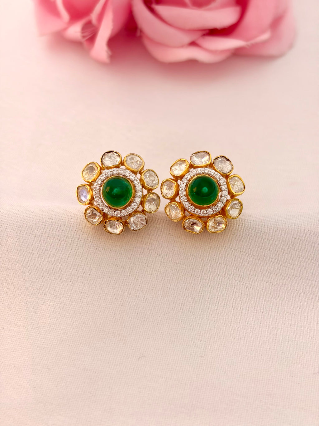 92.5 Silver Emerald Halo Floral Stud Earrings