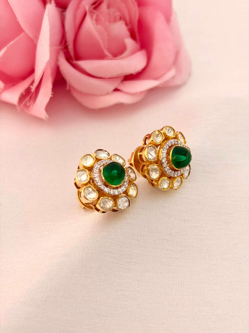 92.5 Silver Emerald Halo Floral Stud Earrings