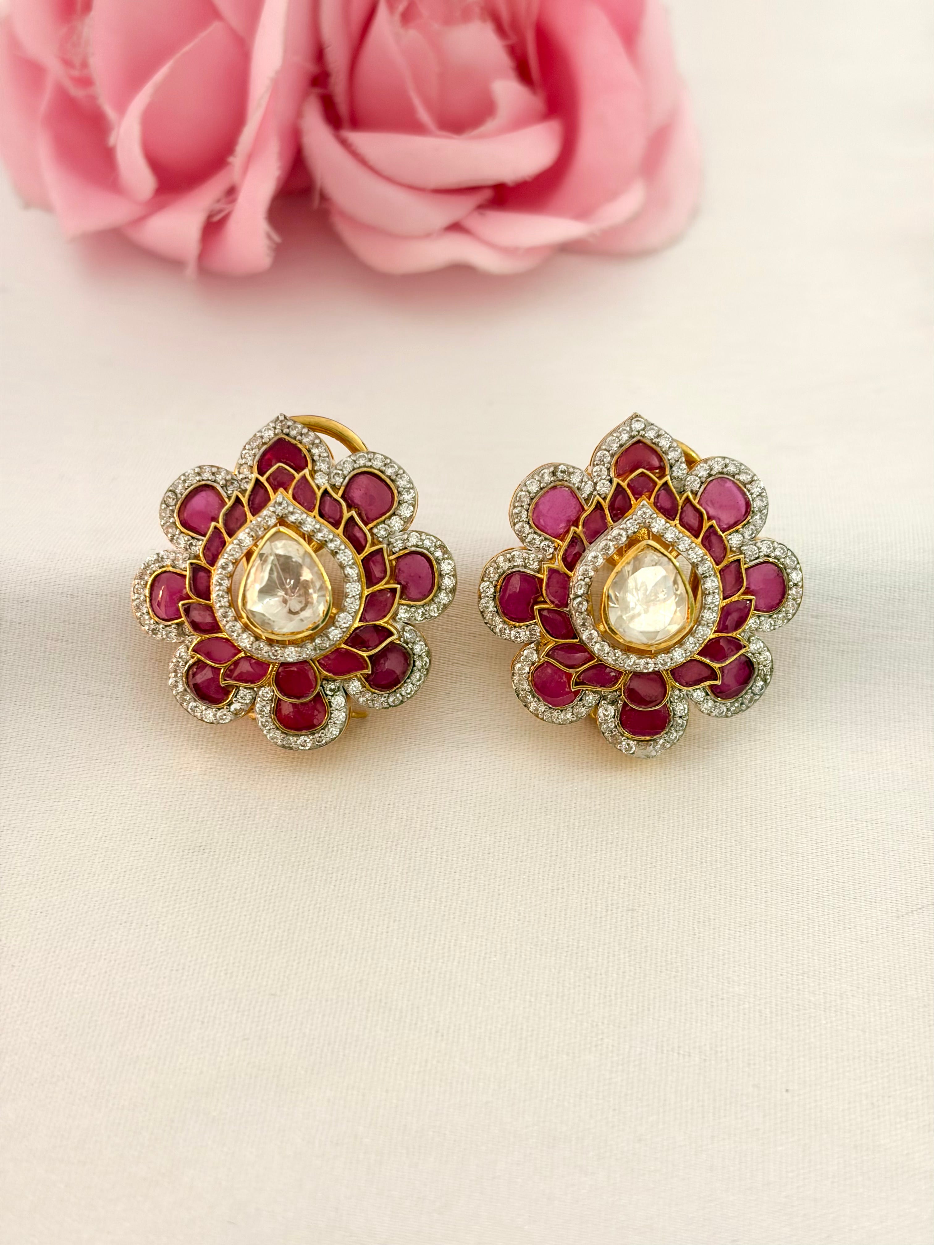 92.5 Silver Ruby Lotus Stud Earrings