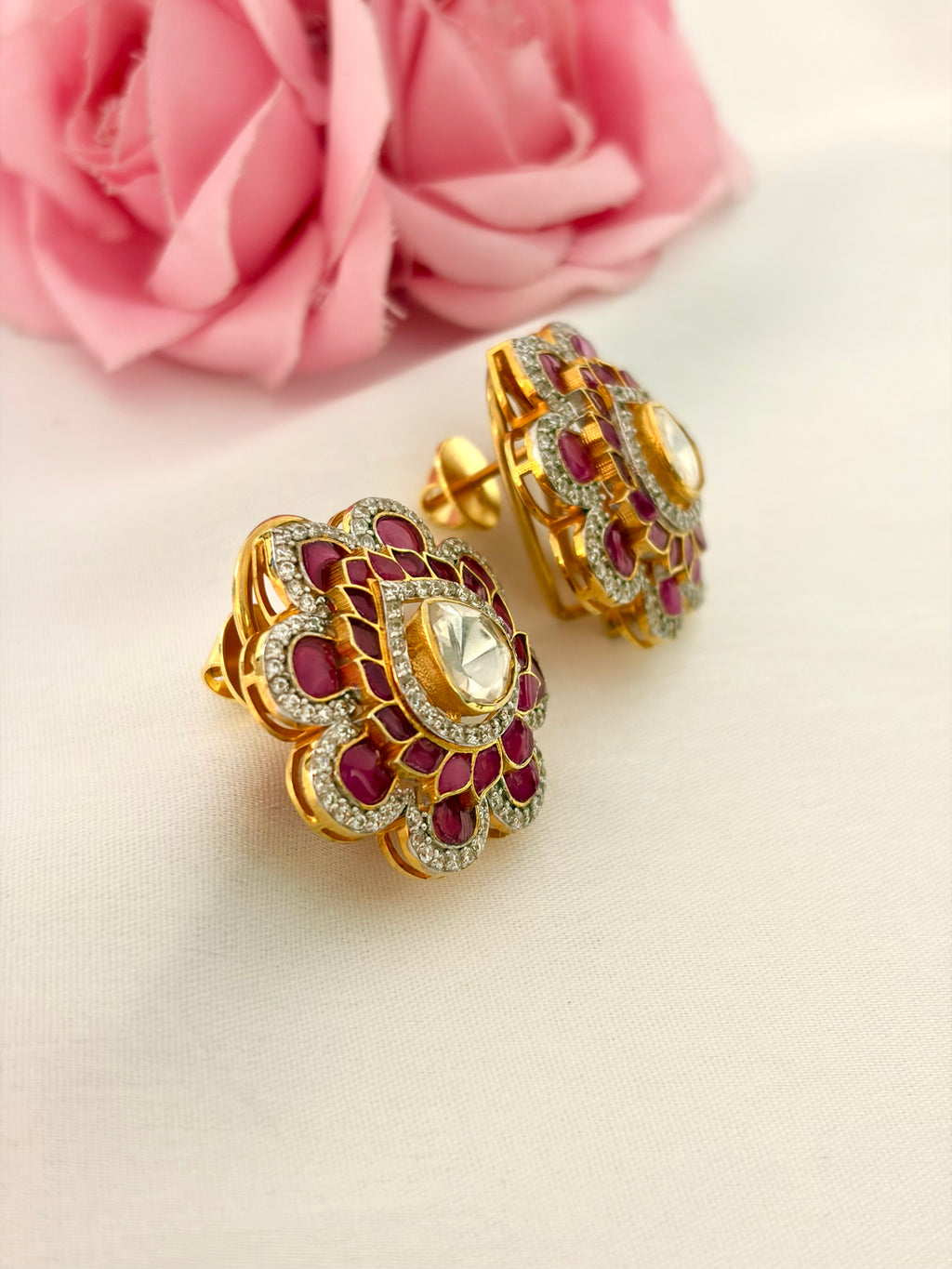 92.5 Silver Ruby Lotus Stud Earrings