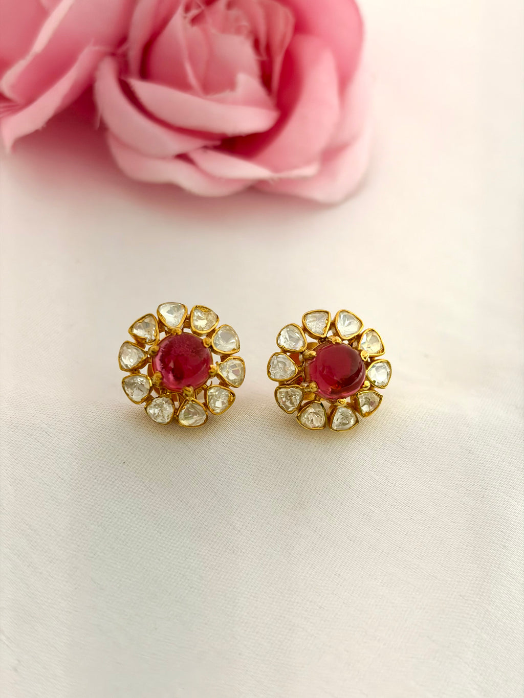 92.5 Silver Ruby Floral Stud Earrings