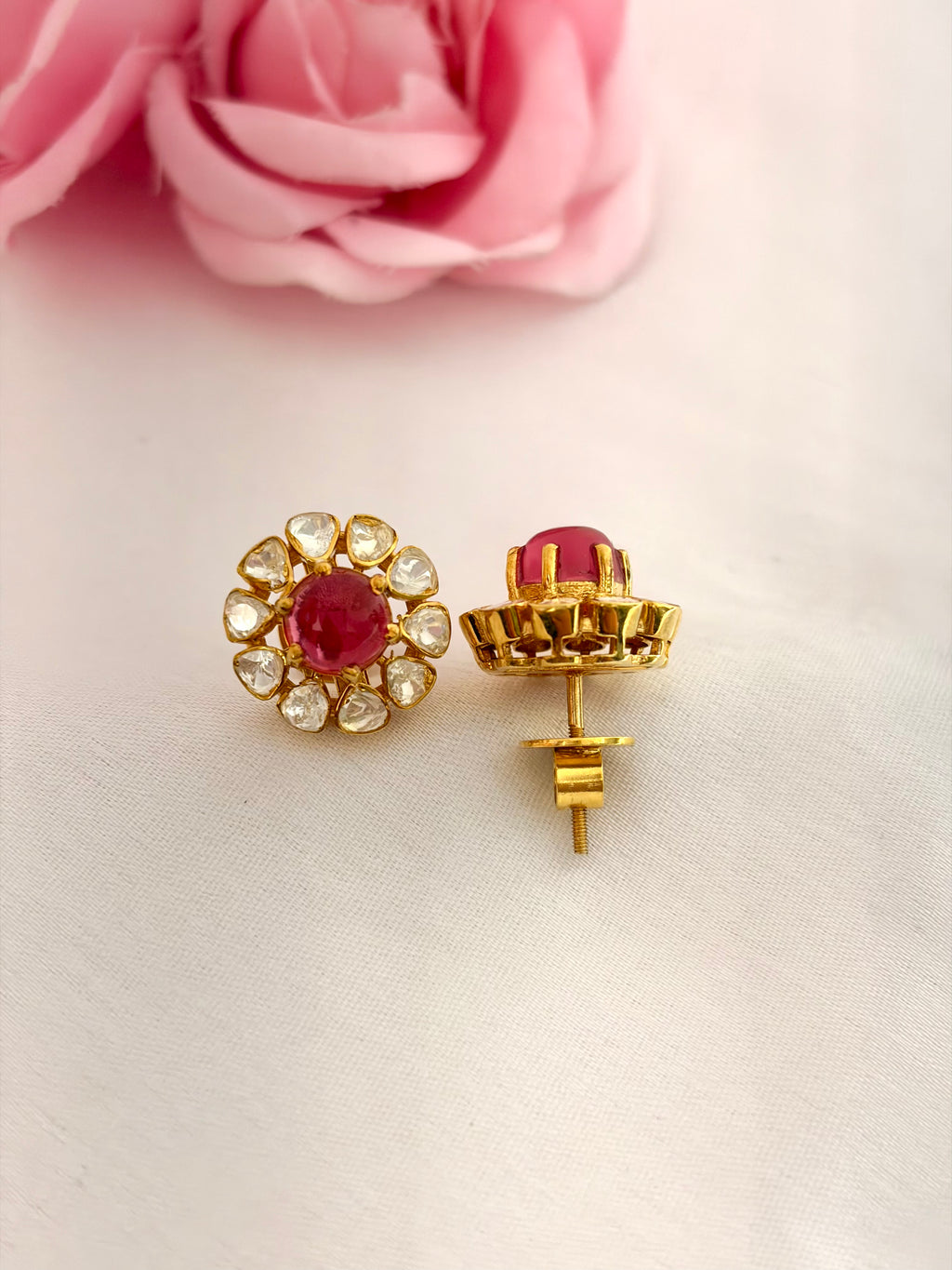 92.5 Silver Ruby Floral Stud Earrings