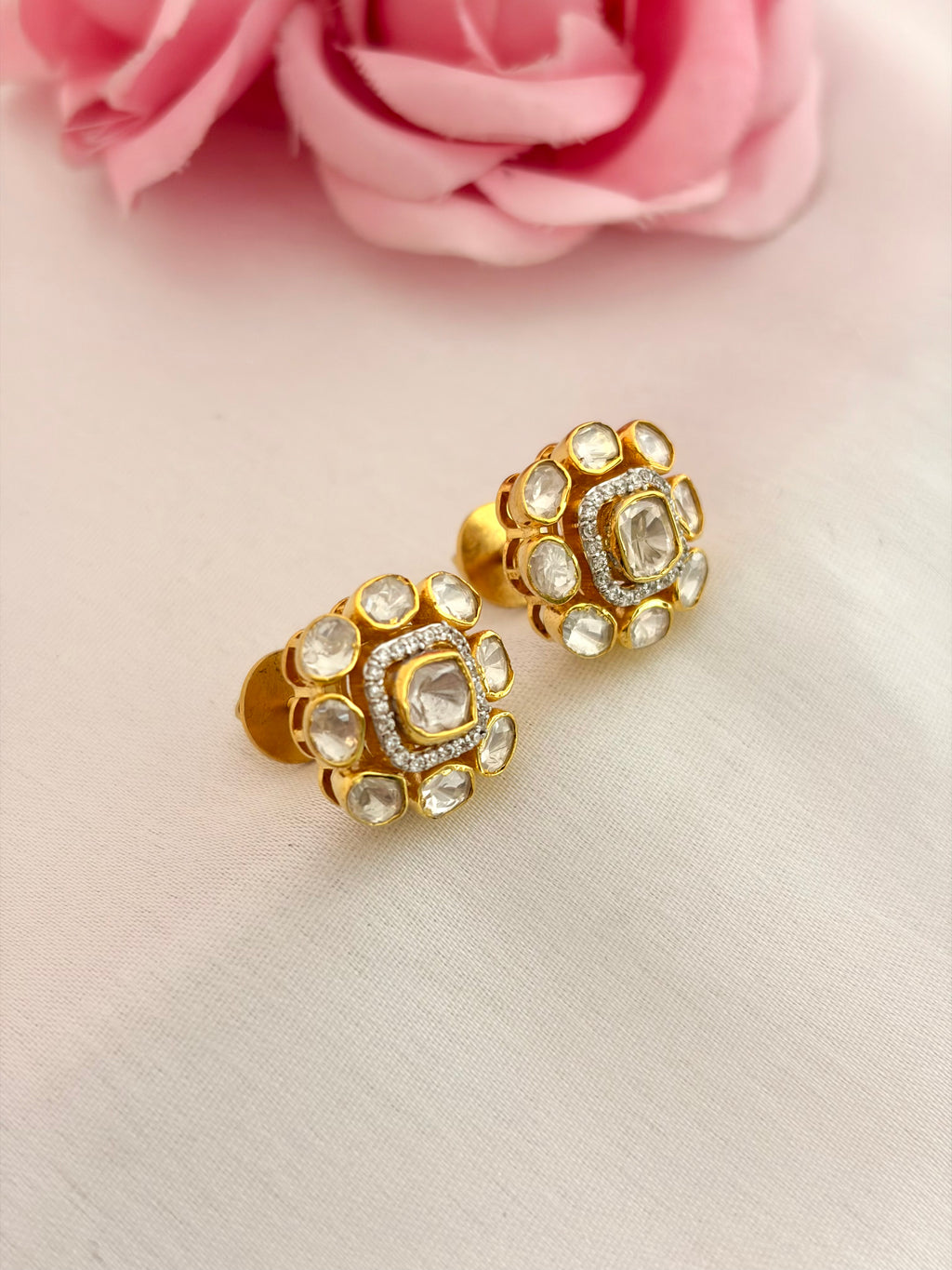 92.5 Silver Kundan Square Halo Stud Earrings