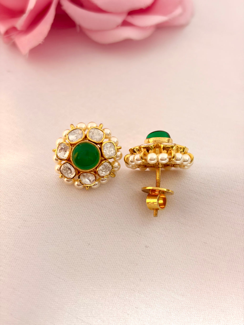 92.5 Silver Emerald Pearl Floral Stud Earrings