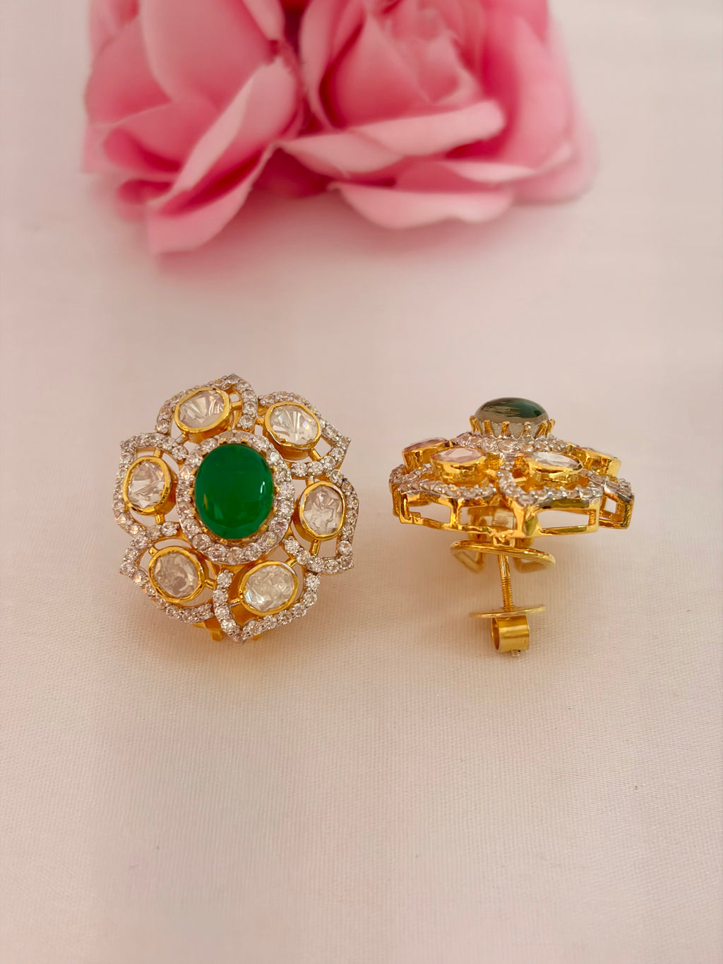 92.5 Silver Emerald Floral Halo Stud Earrings