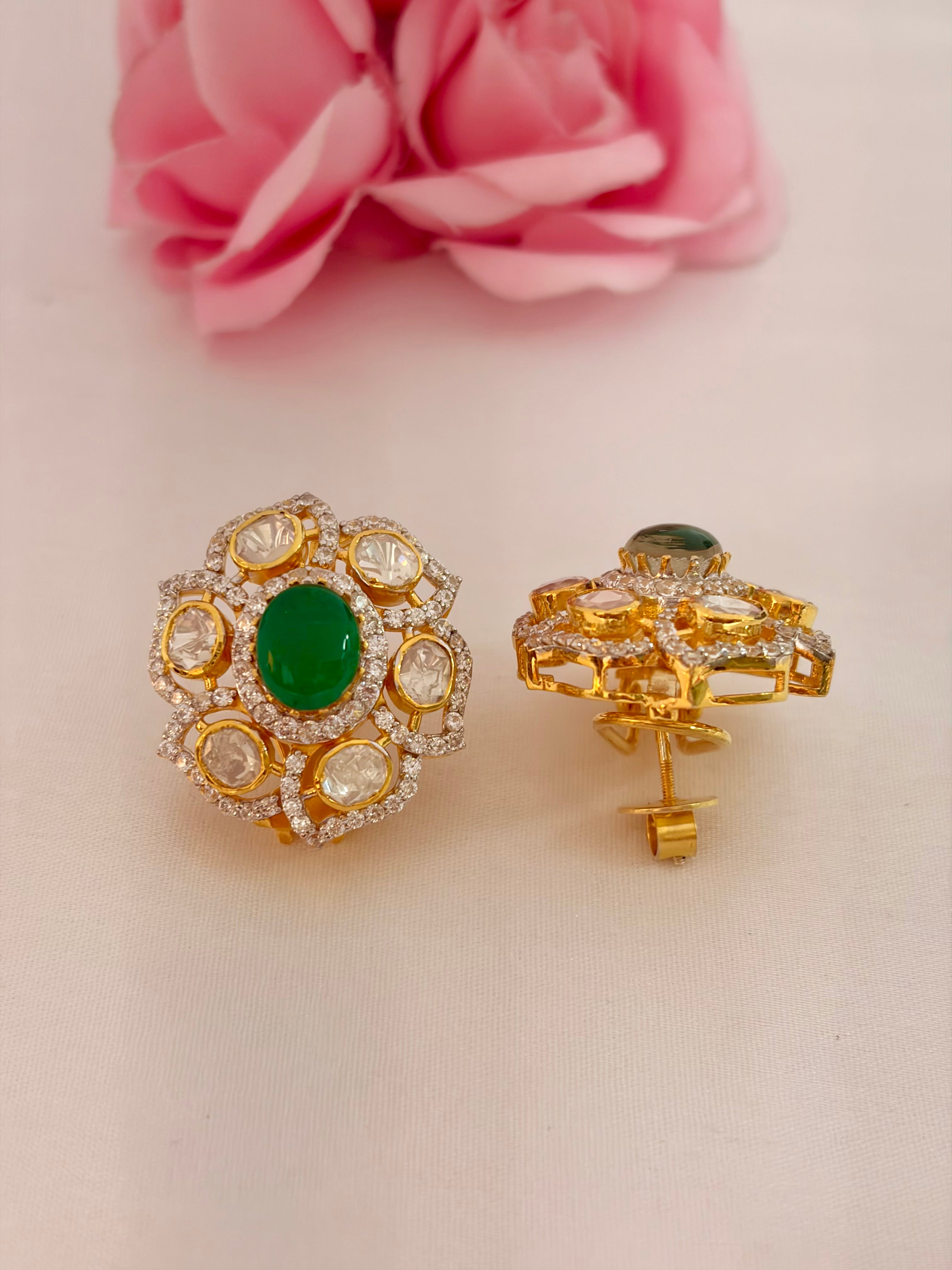 92.5 Silver Emerald Floral Halo Stud Earrings