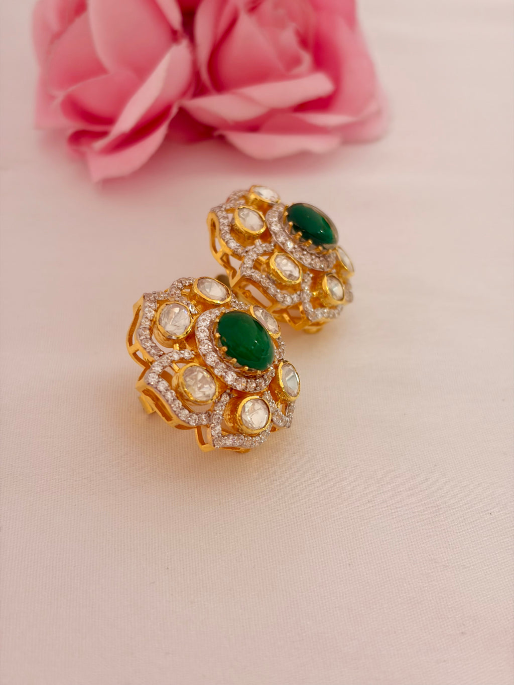 92.5 Silver Emerald Floral Halo Stud Earrings