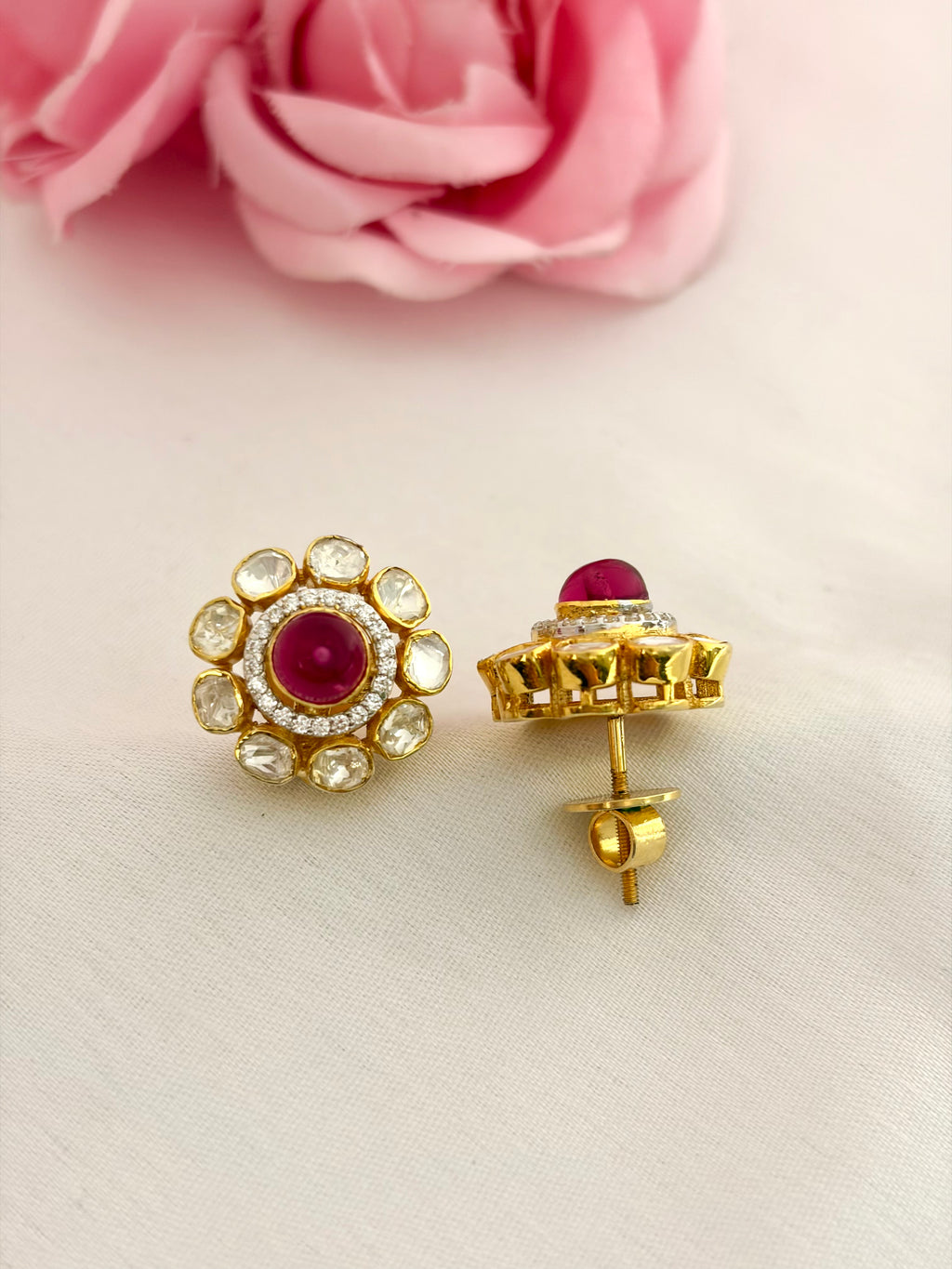 92.5 Silver Ruby Halo Floral Stud Earrings