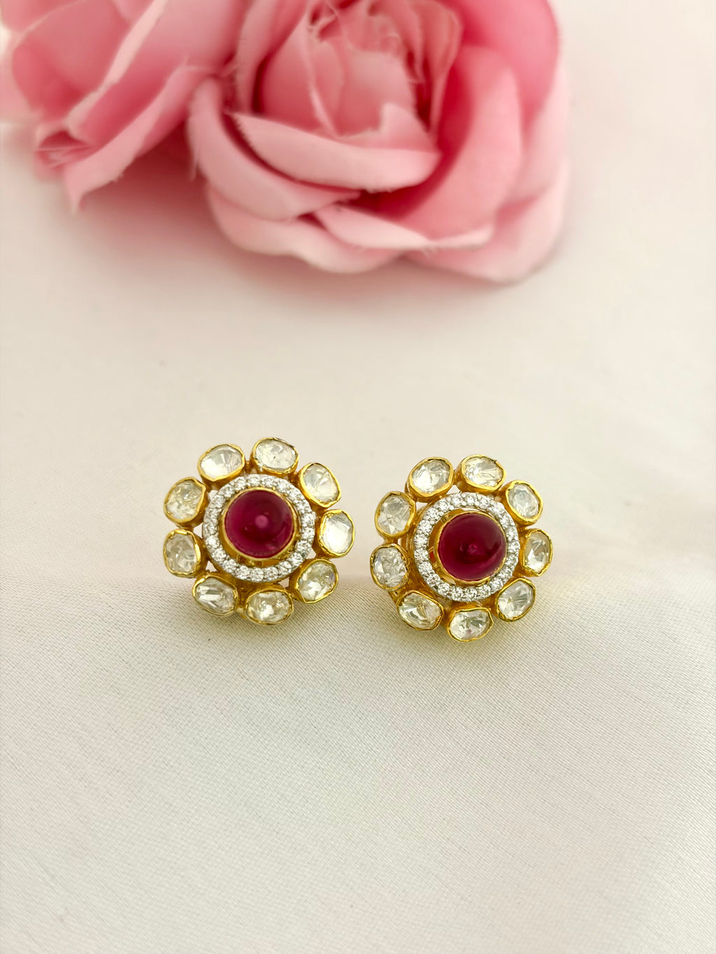92.5 Silver Ruby Halo Floral Stud Earrings