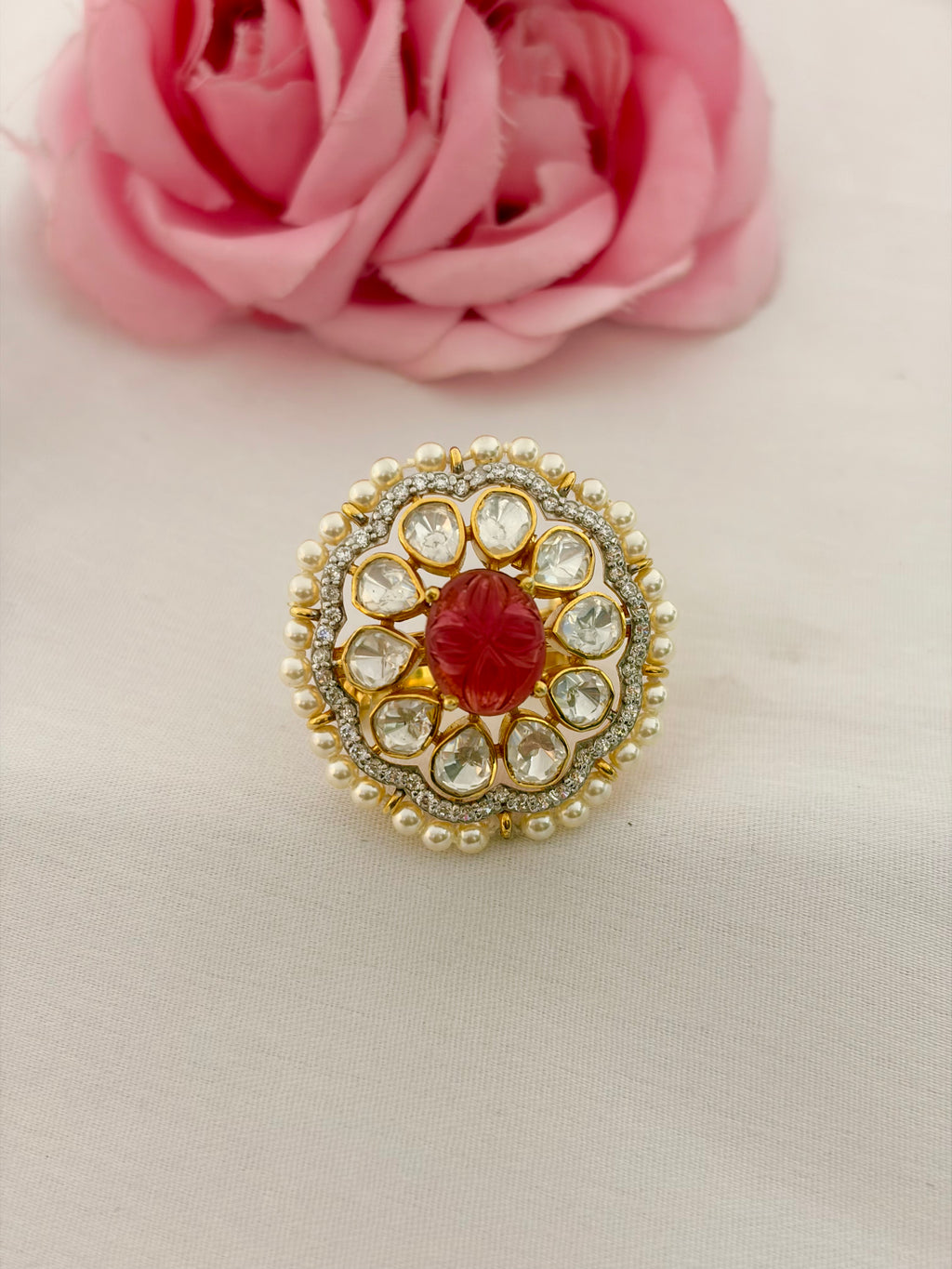 92.5 Silver Floral Kundan Statement Ring