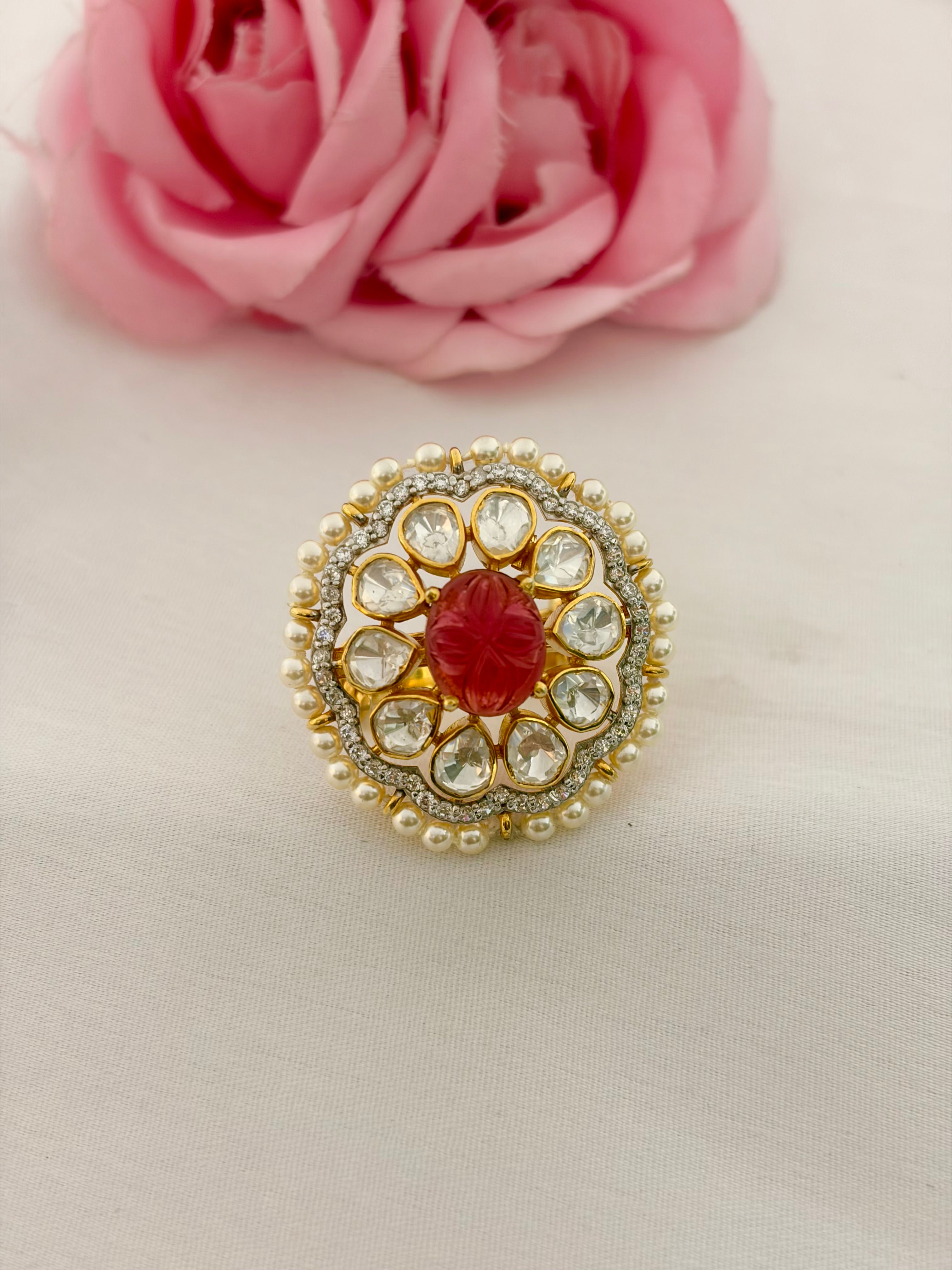 92.5 Silver Floral Kundan Statement Ring