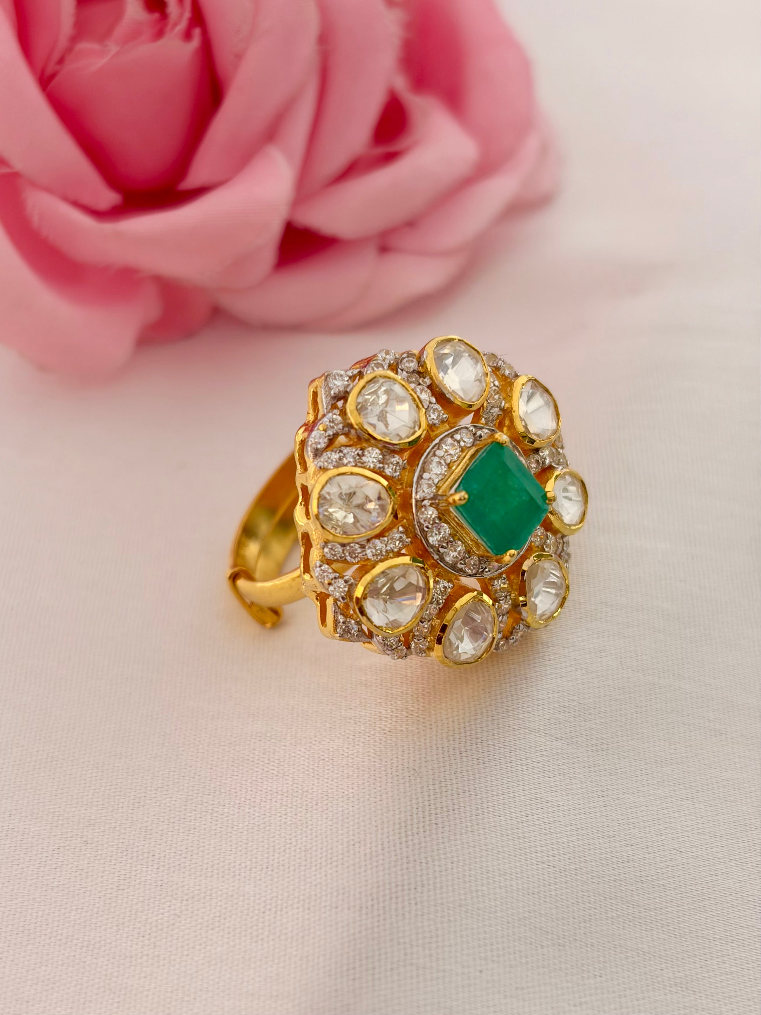 92.5 Silver Emerald Kundan Statement Ring