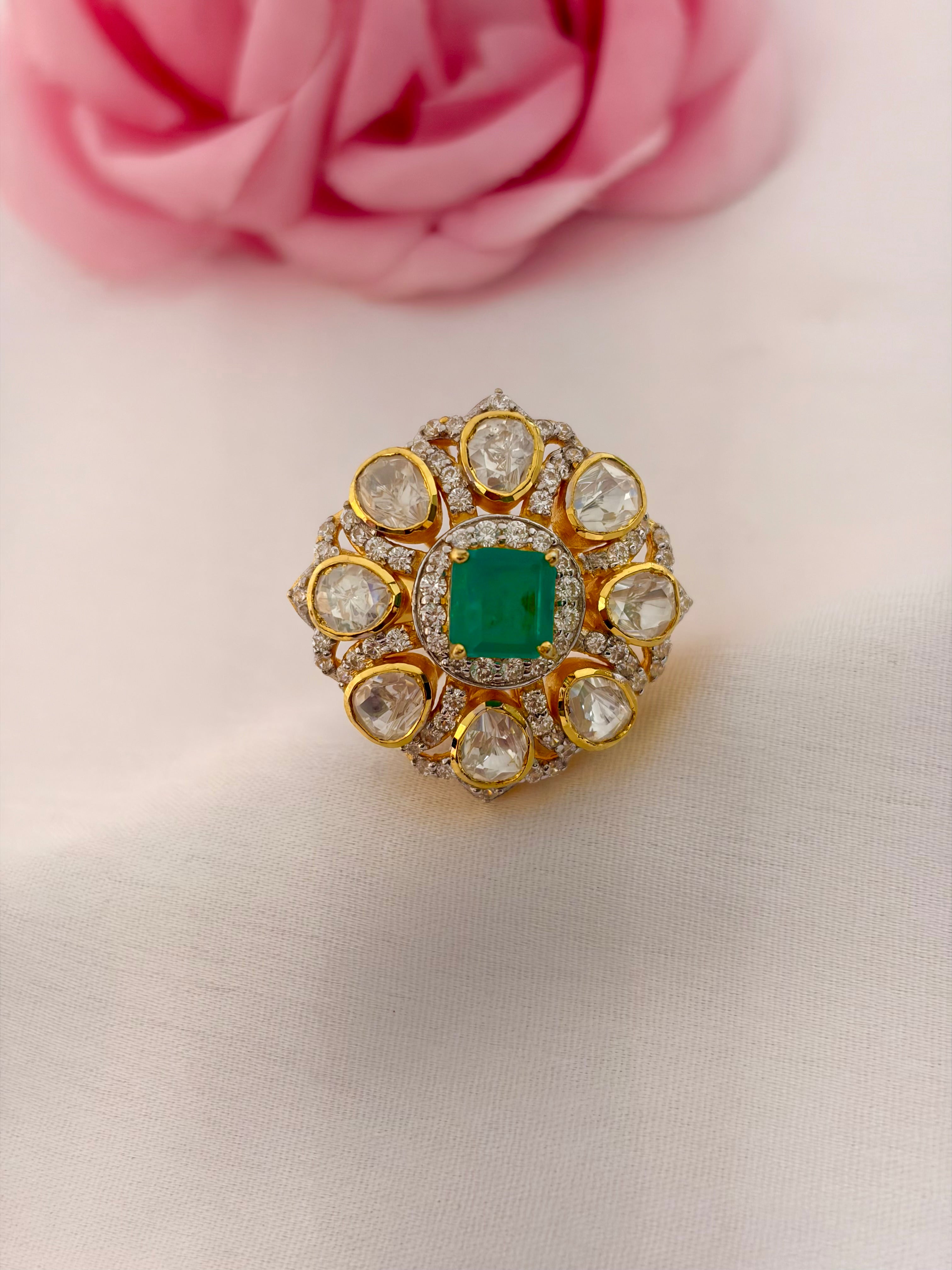 92.5 Silver Emerald Kundan Statement Ring