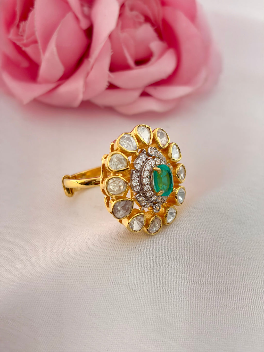 92.5 Silver Emerald Bloom Kundan Ring