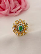 92.5 Silver Emerald Kundan Floral Ring