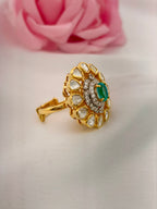 92.5 Silver Emerald Kundan Floral Ring