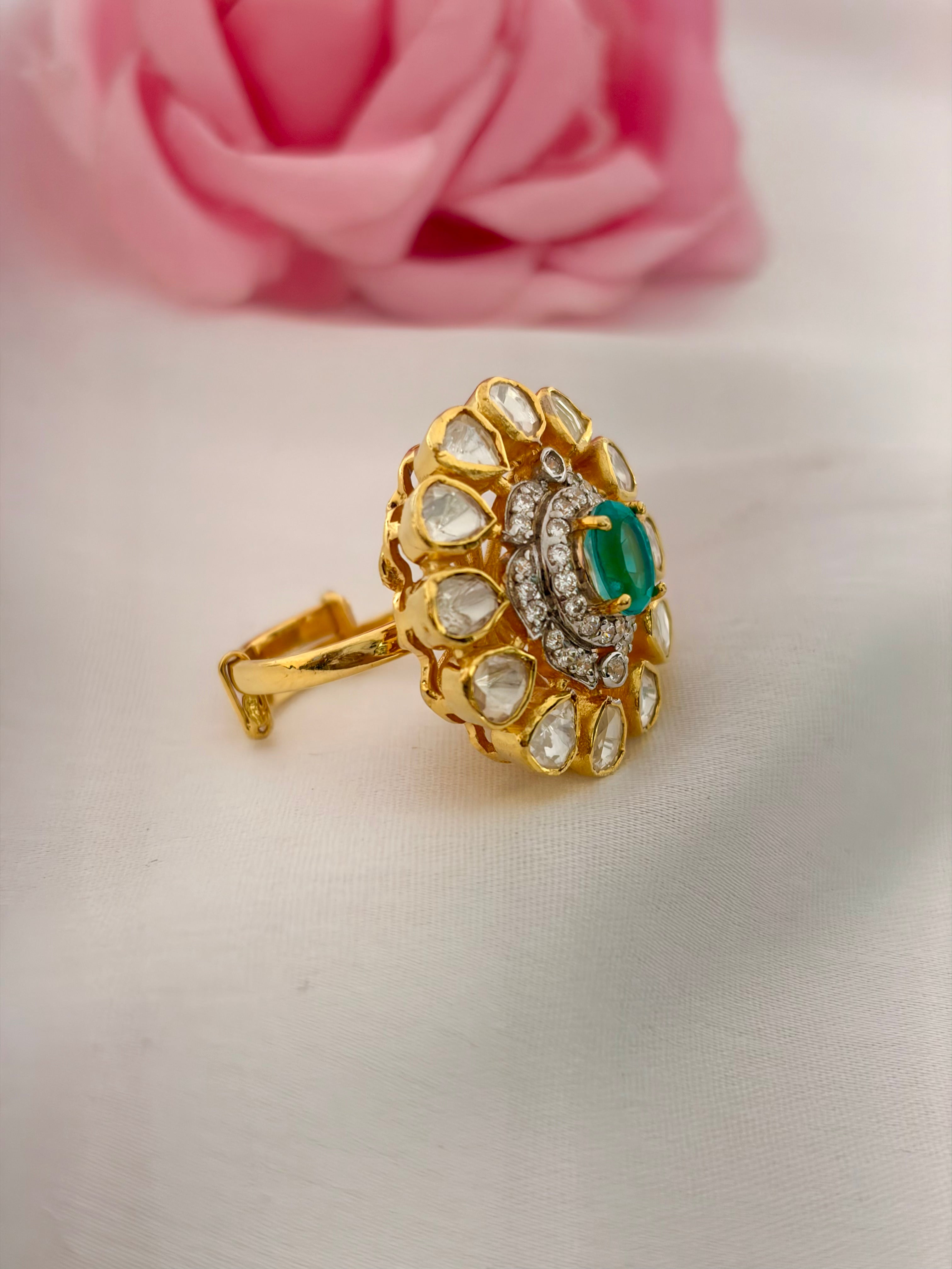 92.5 Silver Emerald Kundan Floral Ring