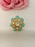 92.5 Silver Turquoise Floral Kundan Ring