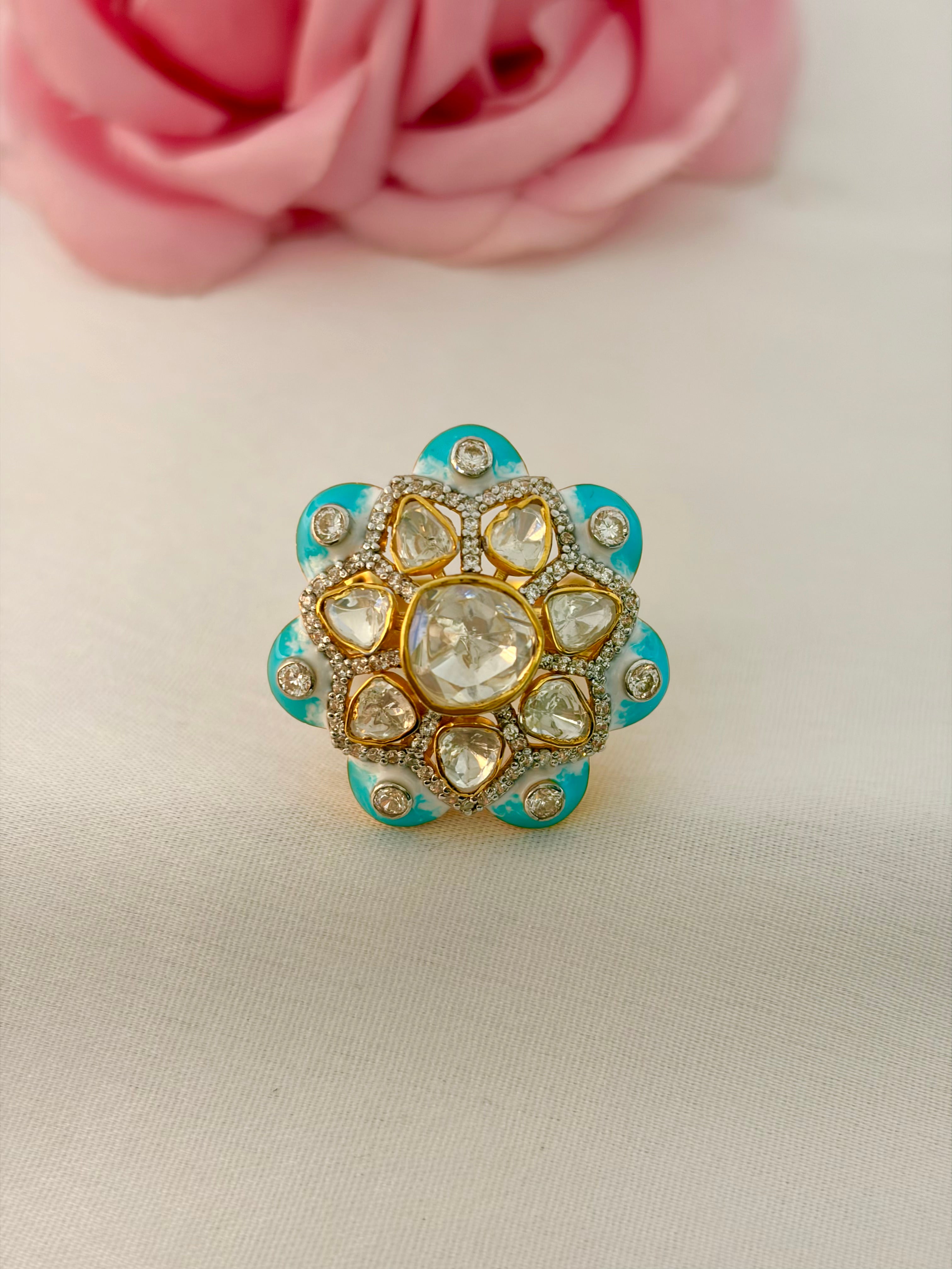 92.5 Silver Turquoise Floral Kundan Ring
