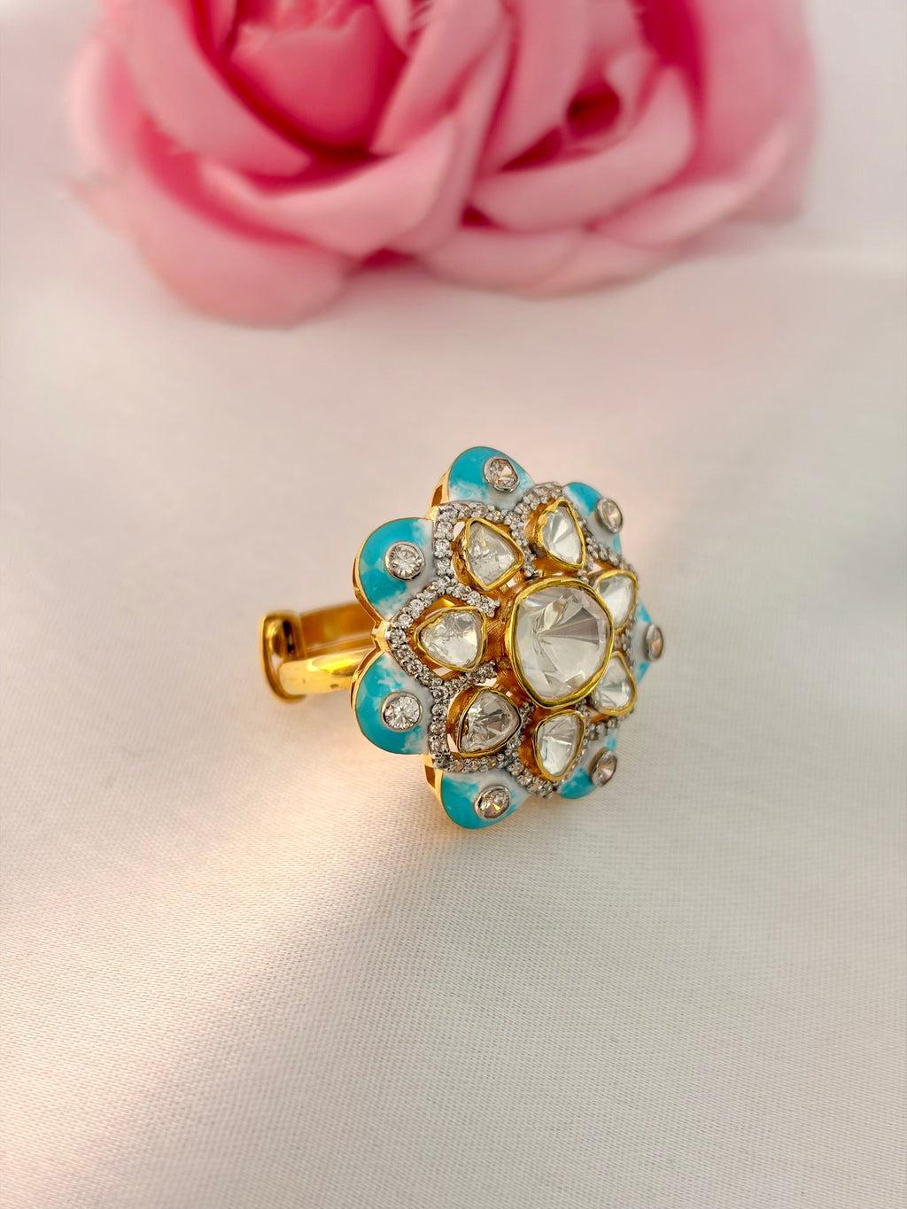 92.5 Silver Turquoise Floral Kundan Ring