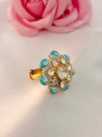 92.5 Silver Turquoise Floral Kundan Ring