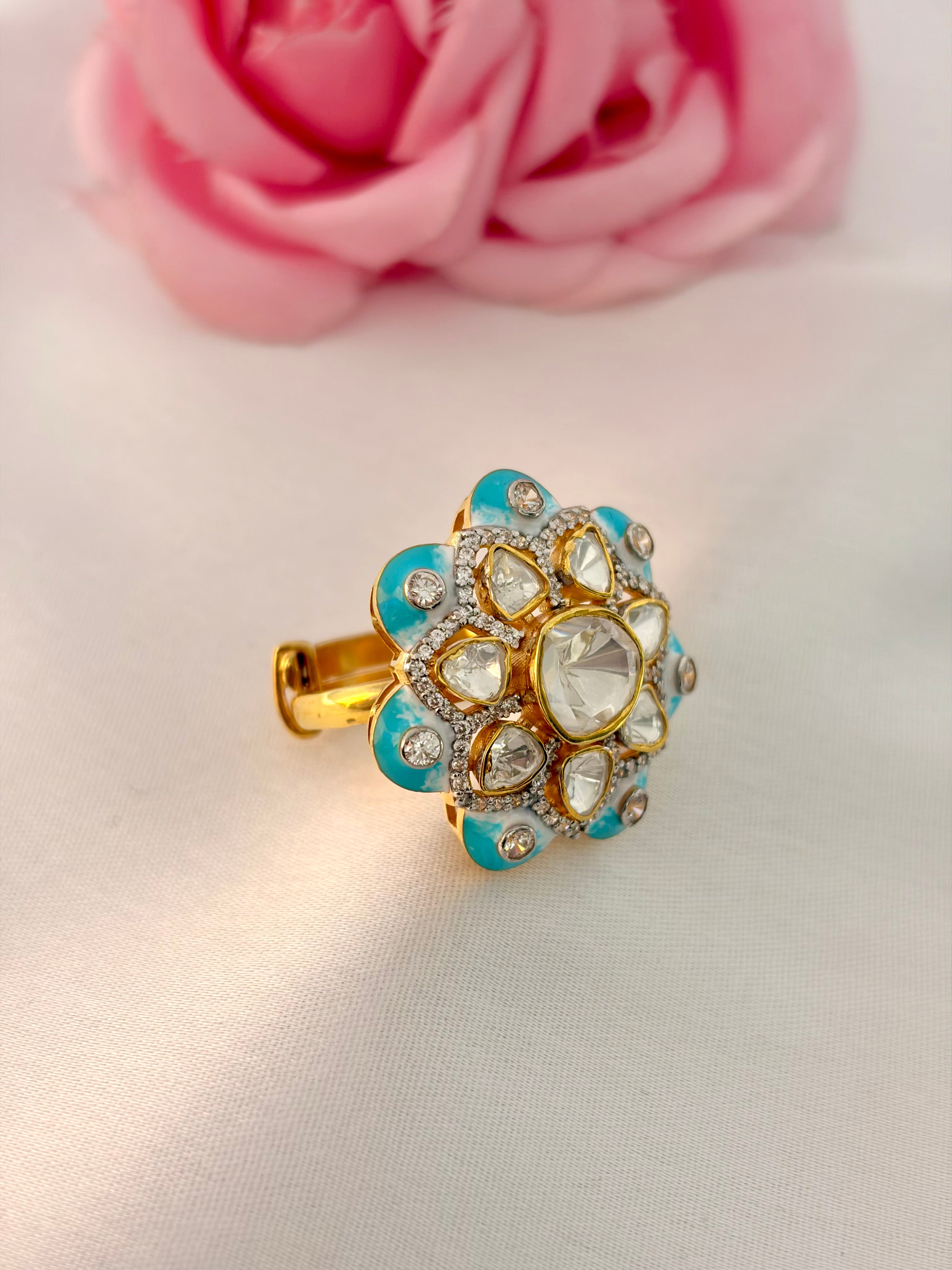 92.5 Silver Turquoise Floral Kundan Ring