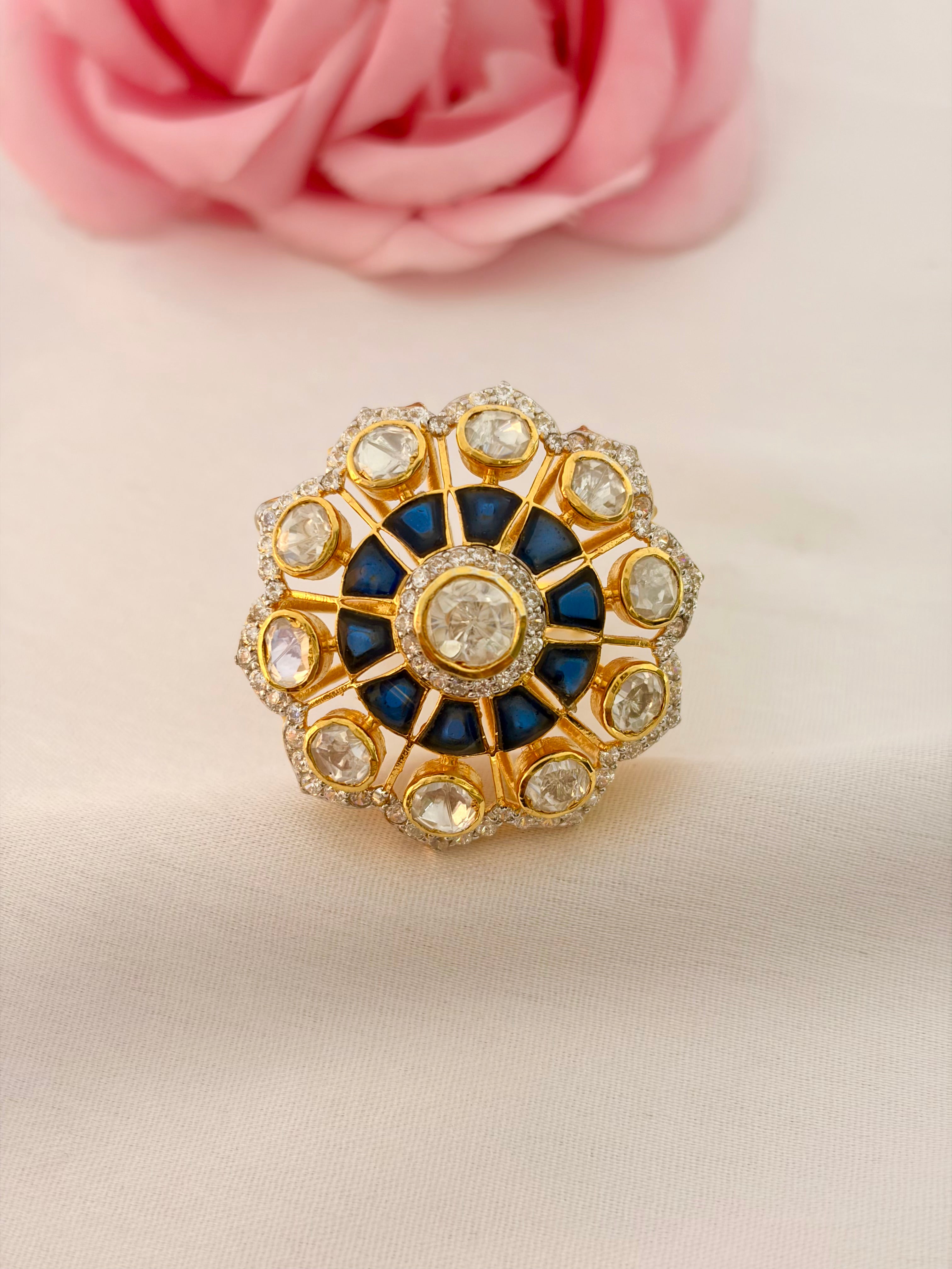 92.5 Silver Midnight Blue Kundan Statement Ring