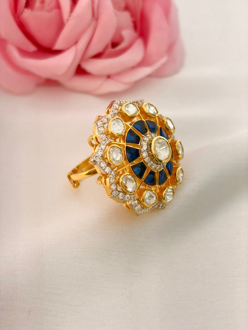 92.5 Silver Midnight Blue Kundan Statement Ring