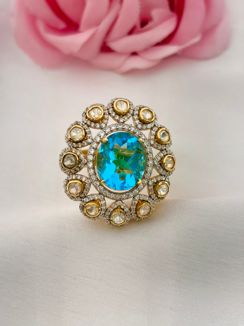 92.5 Silver Blue Crystal Kundan Statement Ring