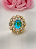 92.5 Silver Blue Crystal Kundan Statement Ring