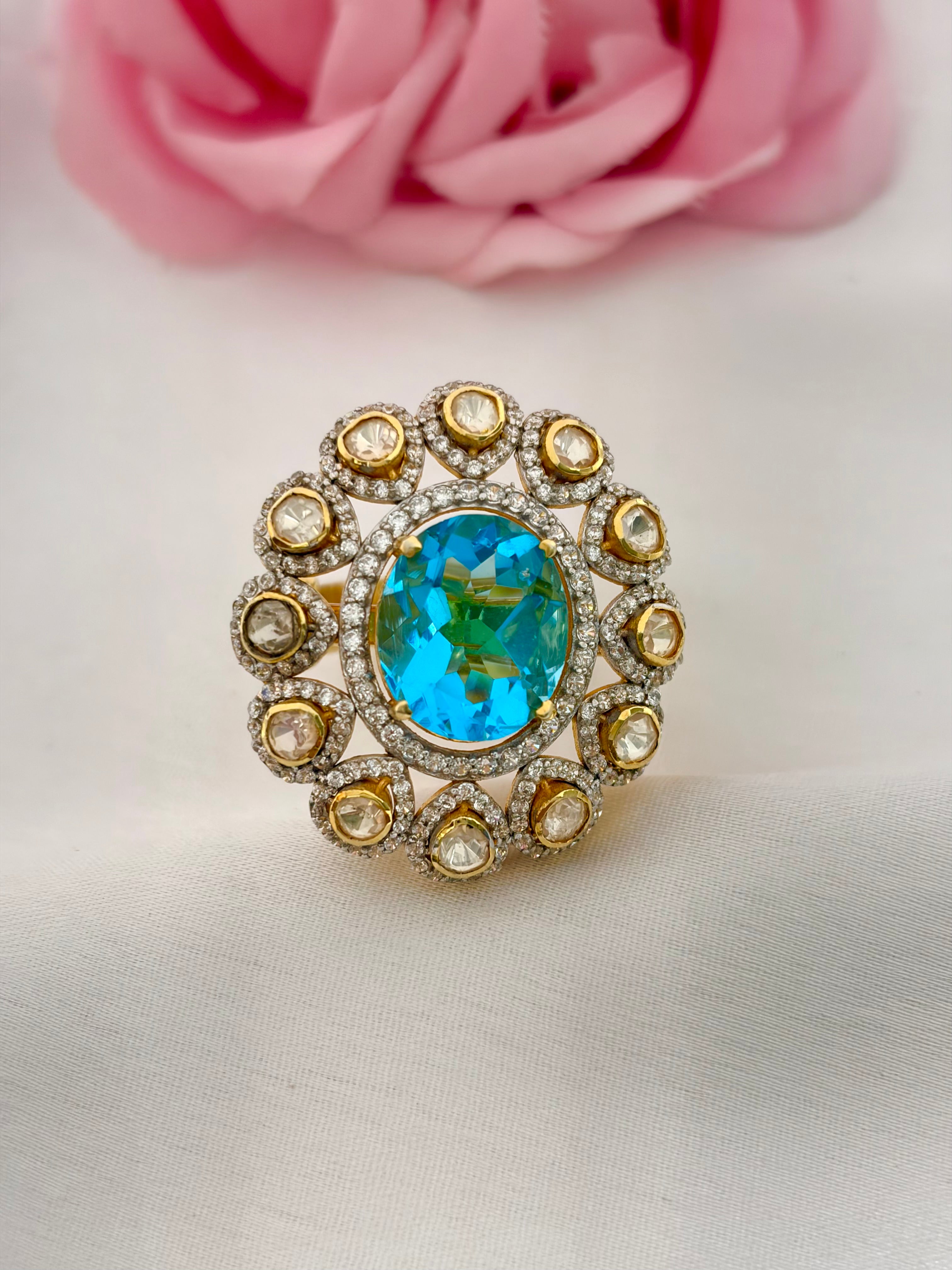92.5 Silver Blue Crystal Kundan Statement Ring