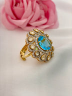 92.5 Silver Blue Crystal Kundan Statement Ring
