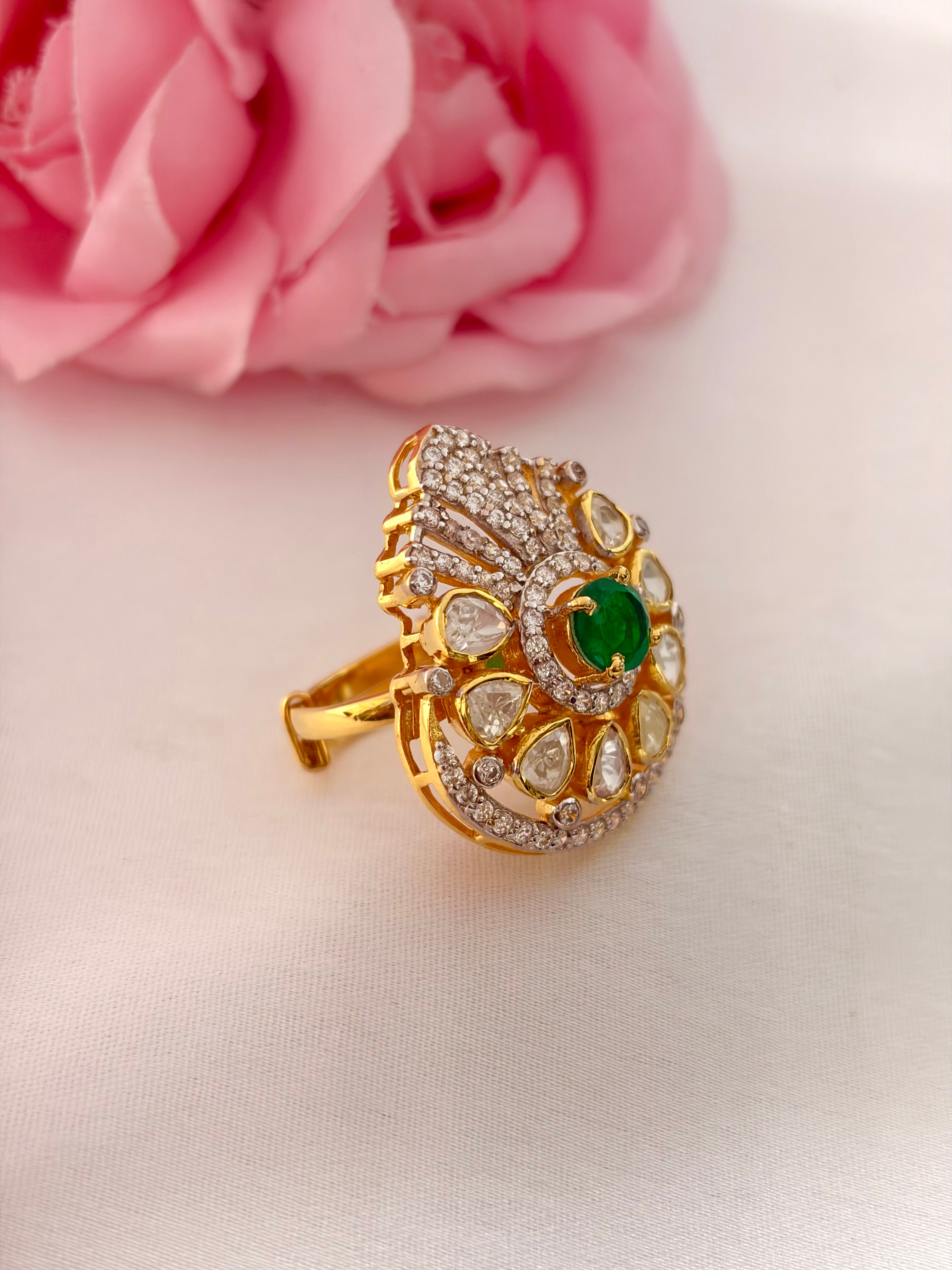 92.5 Silver Emerald Kundan Designer Ring