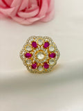 92.5 Silver Ruby Kundan Floral Ring