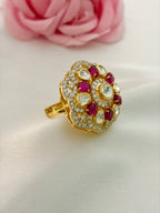 92.5 Silver Ruby Kundan Floral Ring
