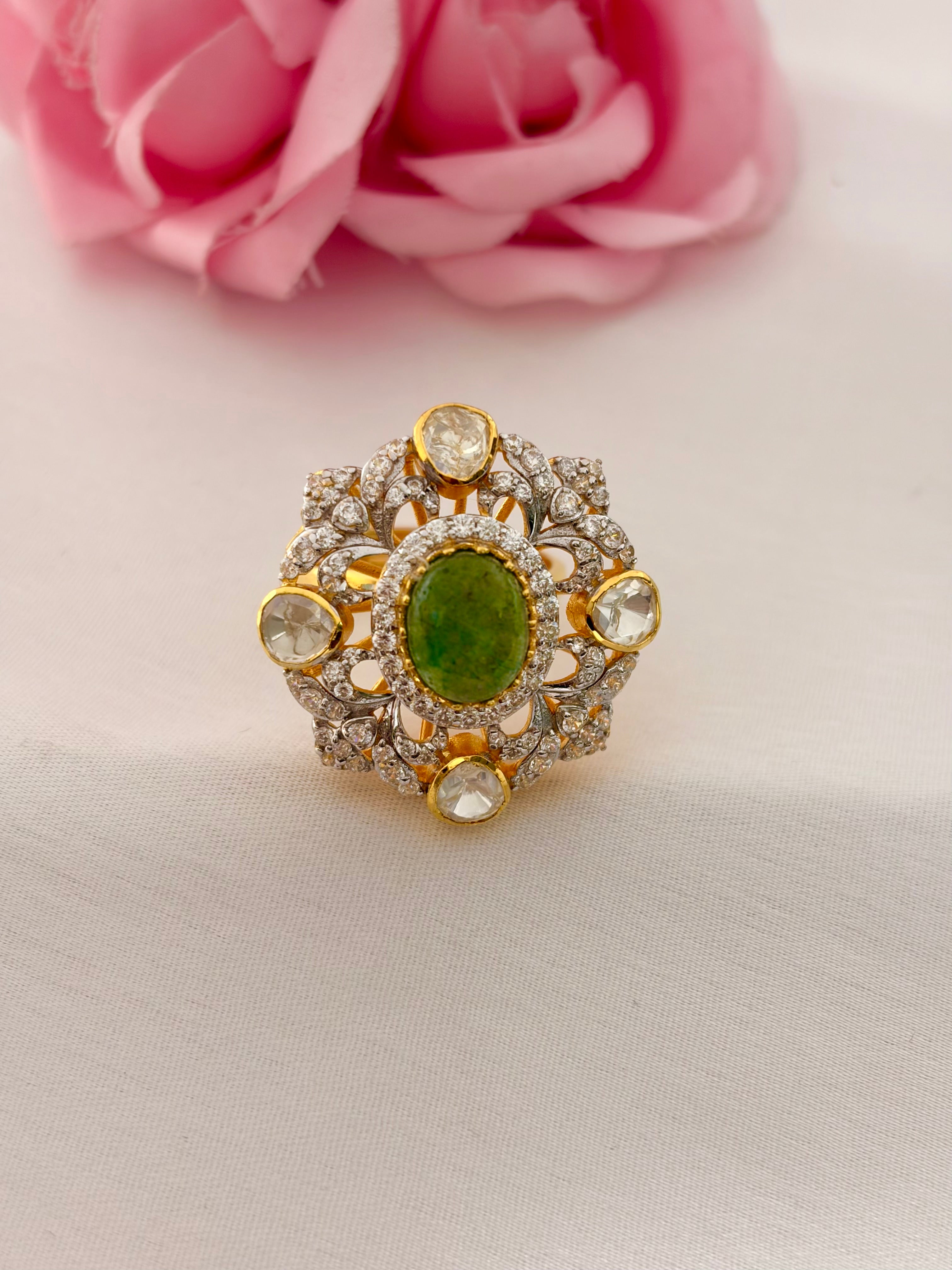 92.5 Silver Green Onyx Kundan Statement Ring
