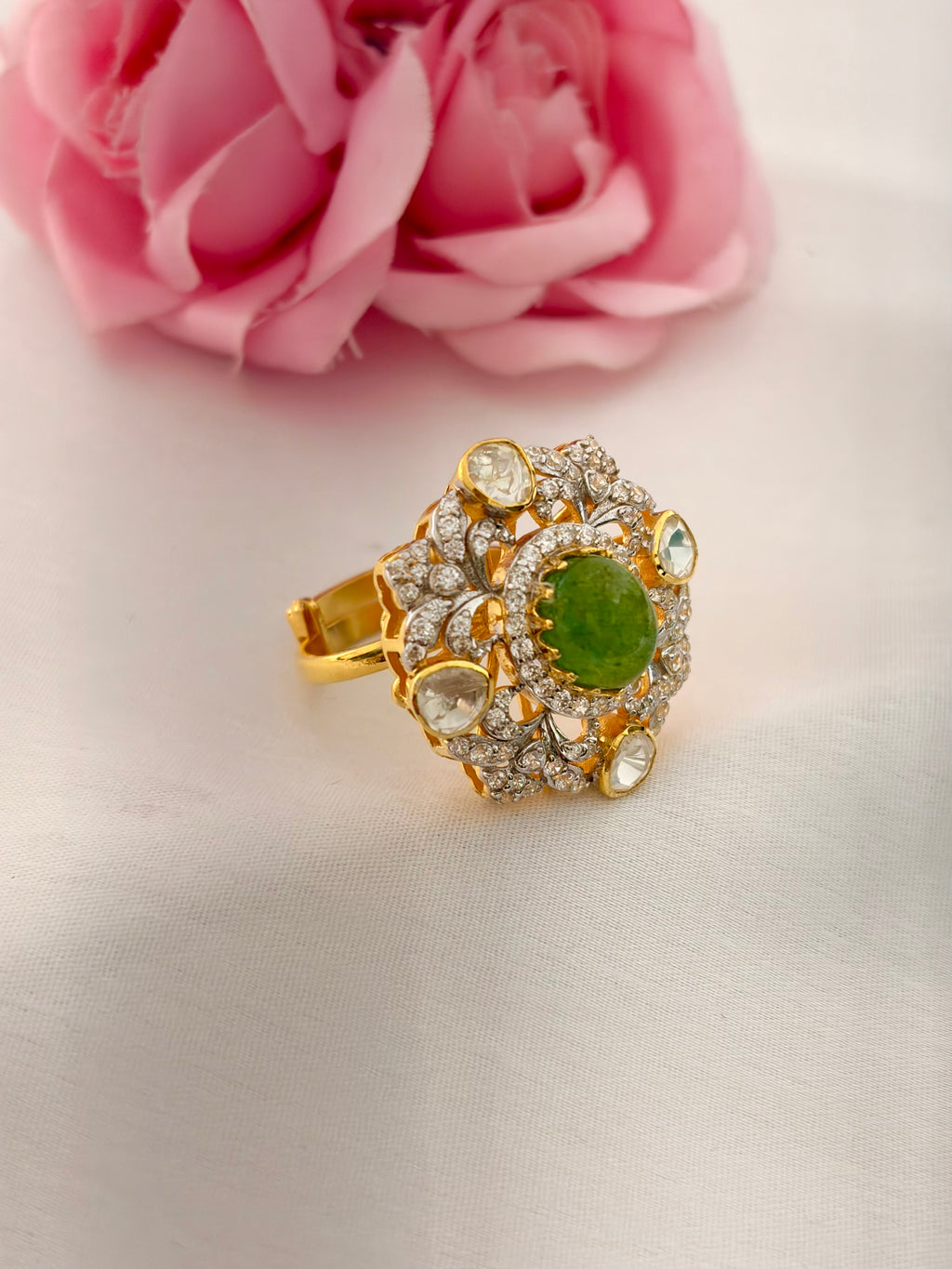 92.5 Silver Green Onyx Kundan Statement Ring