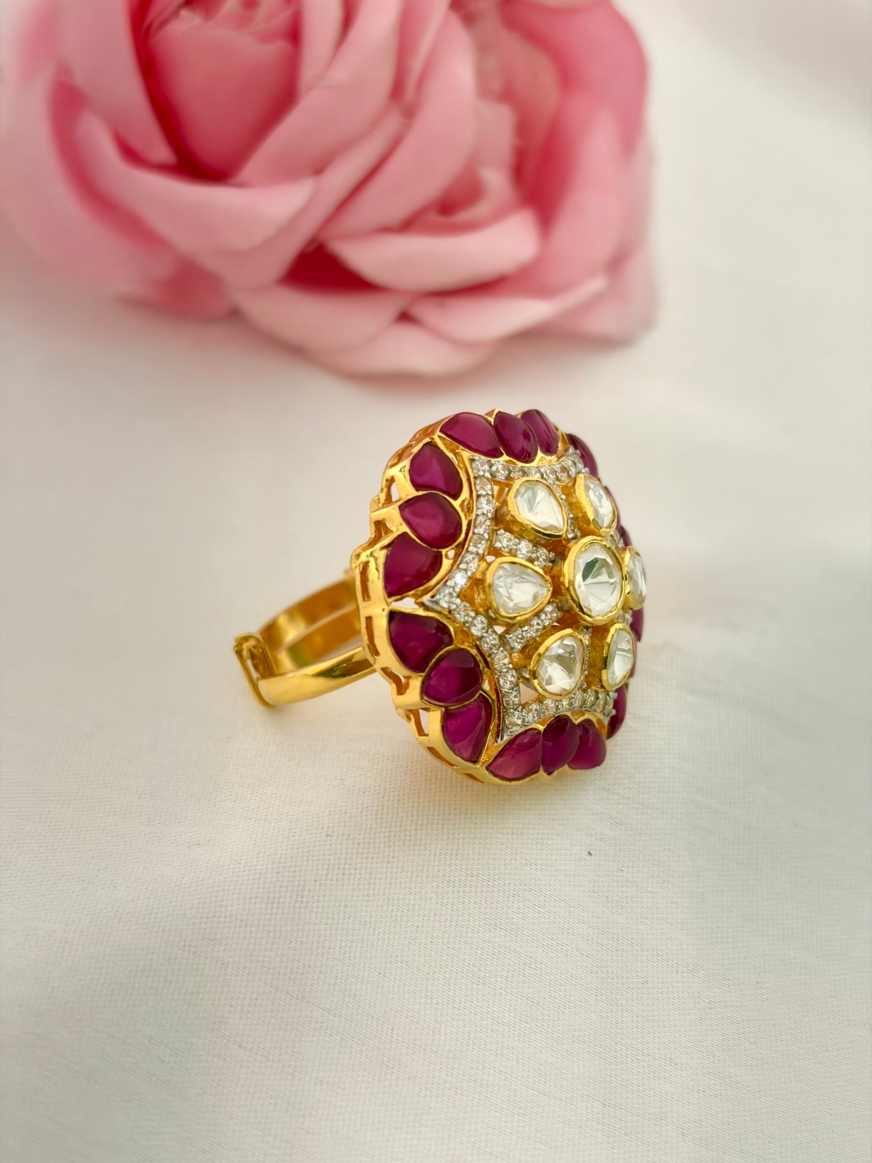 92.5 Silver Ruby Kundan Floral Statement Ring  Short Description: