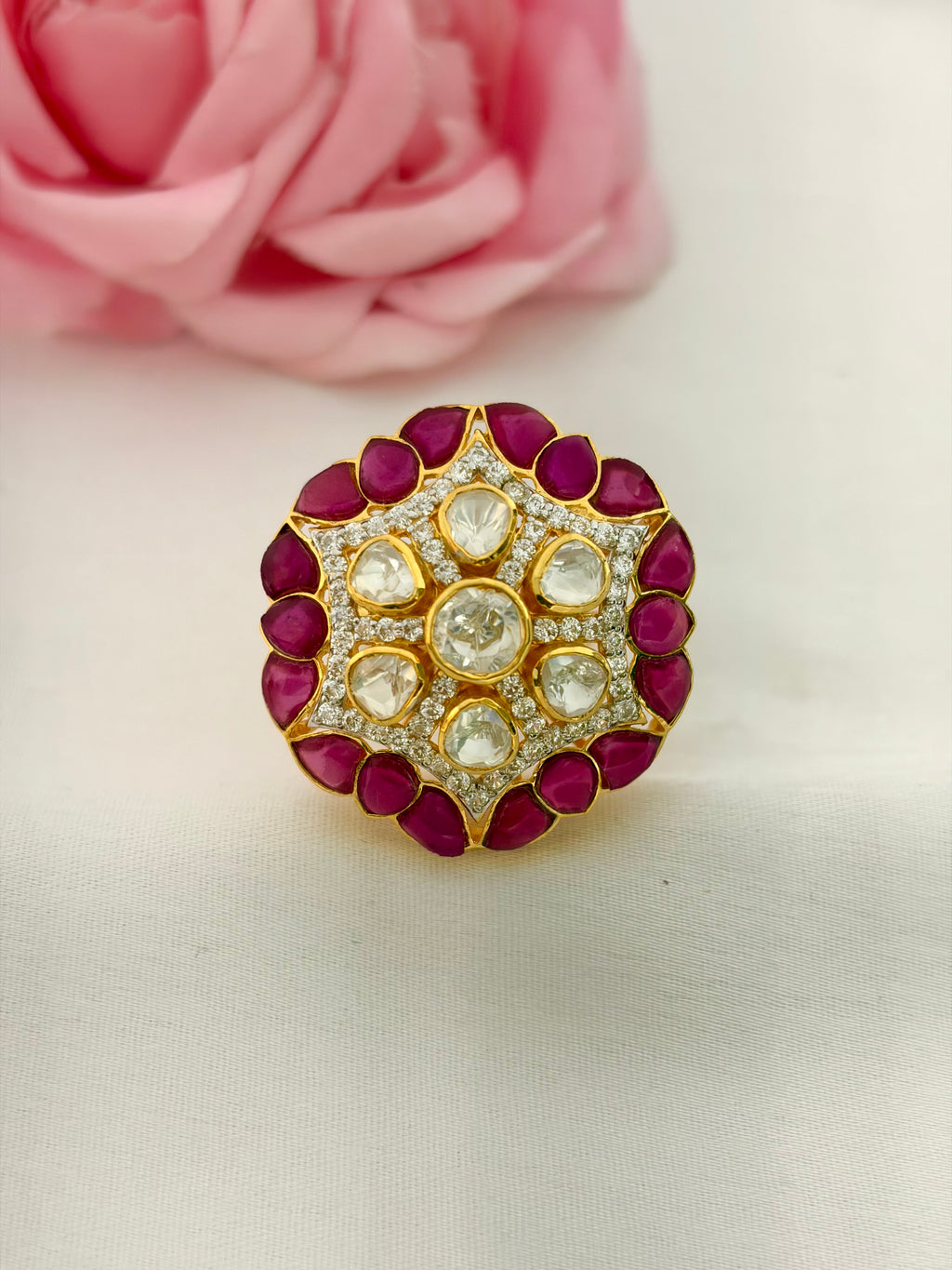 92.5 Silver Ruby Kundan Floral Statement Ring  Short Description: