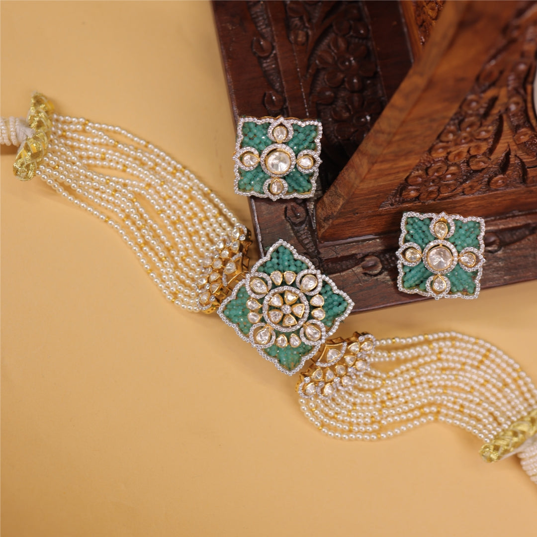 Meher Turquoise Polki Pearl Choker Set