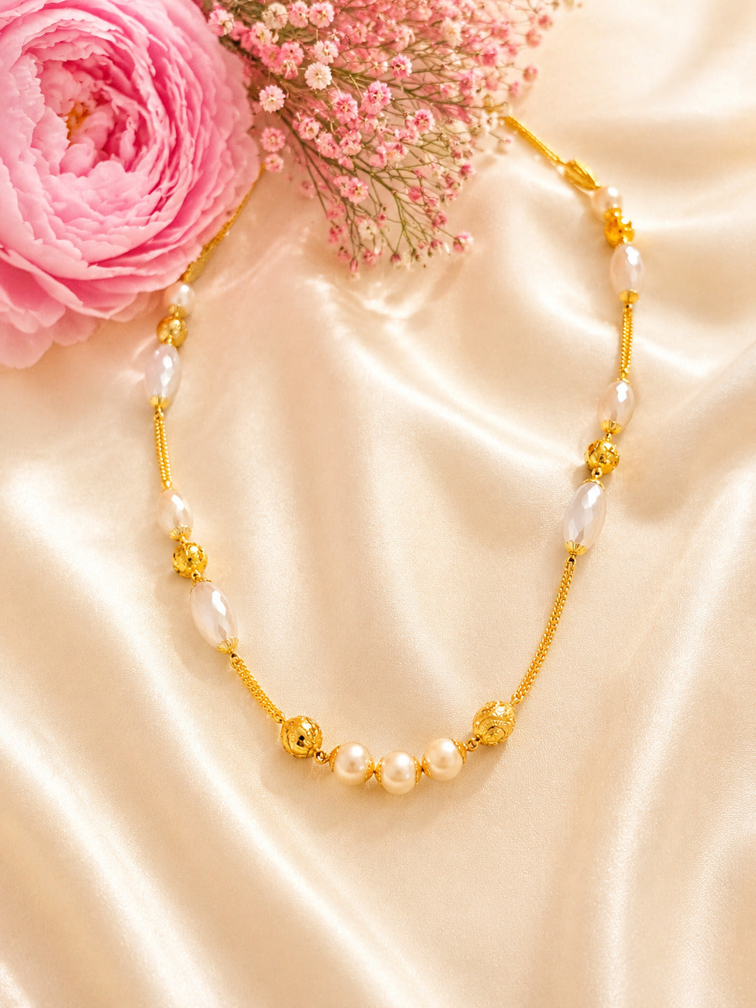 Elegant Silver Chain with Pearl & White Bead Accents