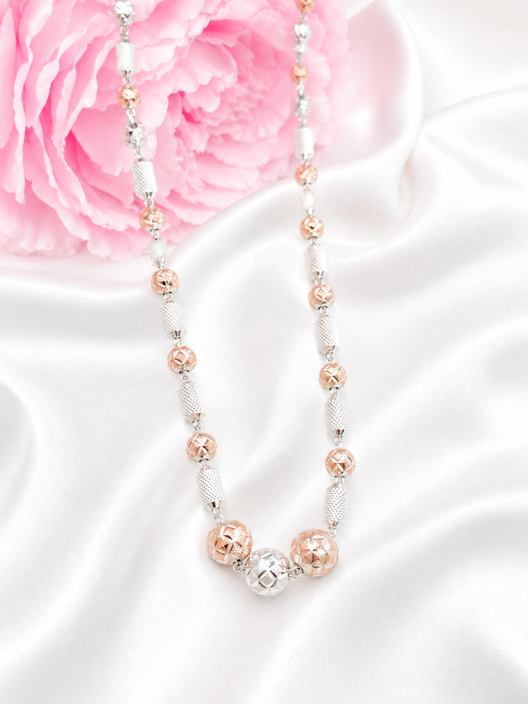 Elegant 92.5 Sterling Silver Rose Gold Beaded Ladies Chain
