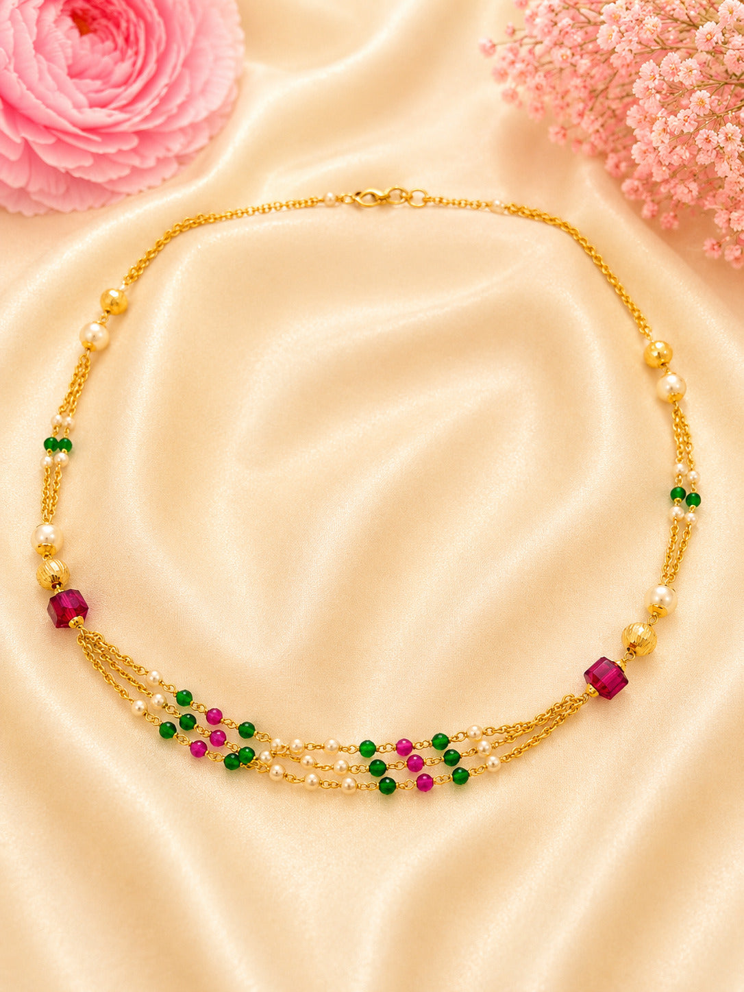 Elegant 92.5 Sterling Silver Gold-Plated Multicolor Beaded Ladies Chain