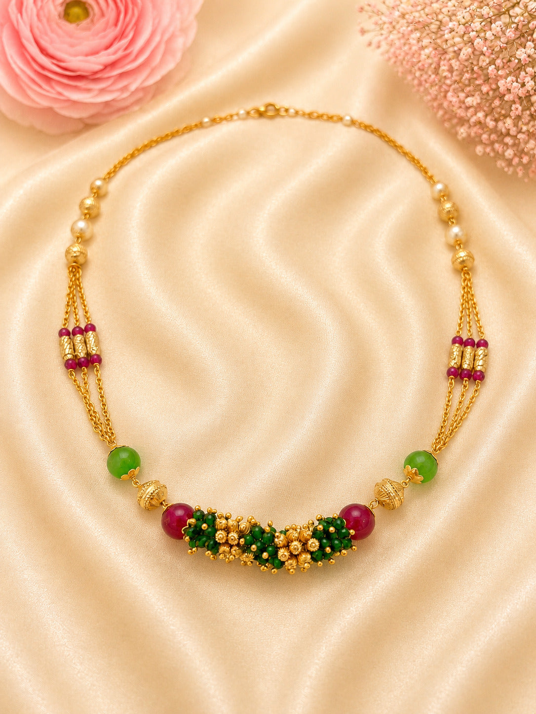 Designer 92.5 Sterling Silver Gold-Plated Floral Ladies Chain with Green & Ruby Beads