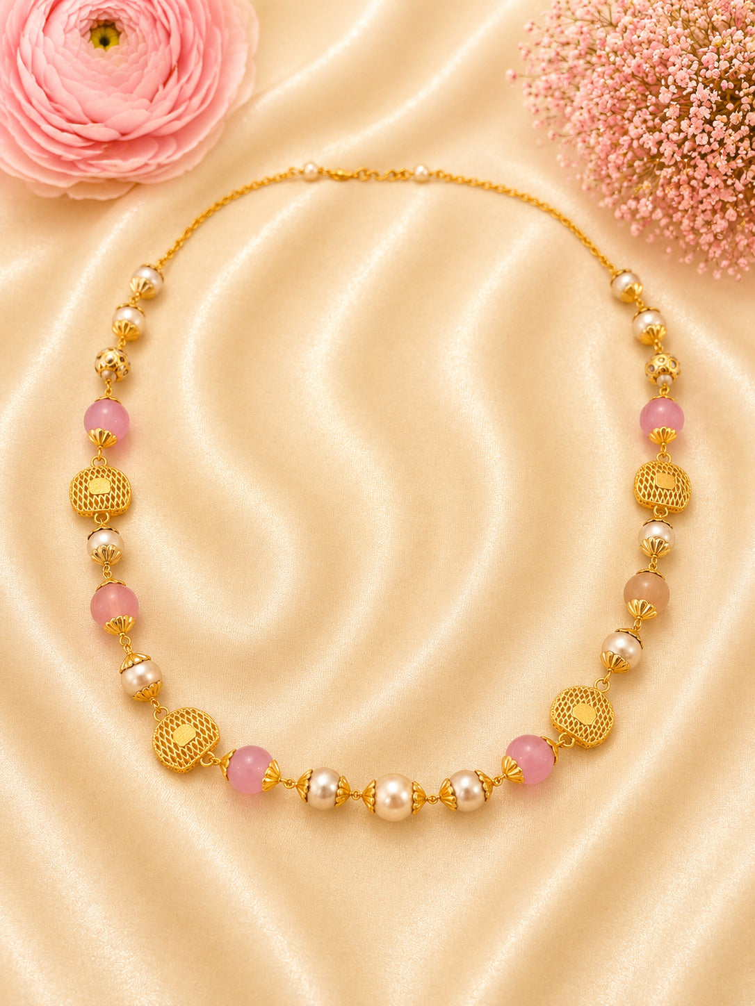 Elegant 92.5 Sterling Silver Gold-Plated Pink Stone & Pearl Ladies Chain