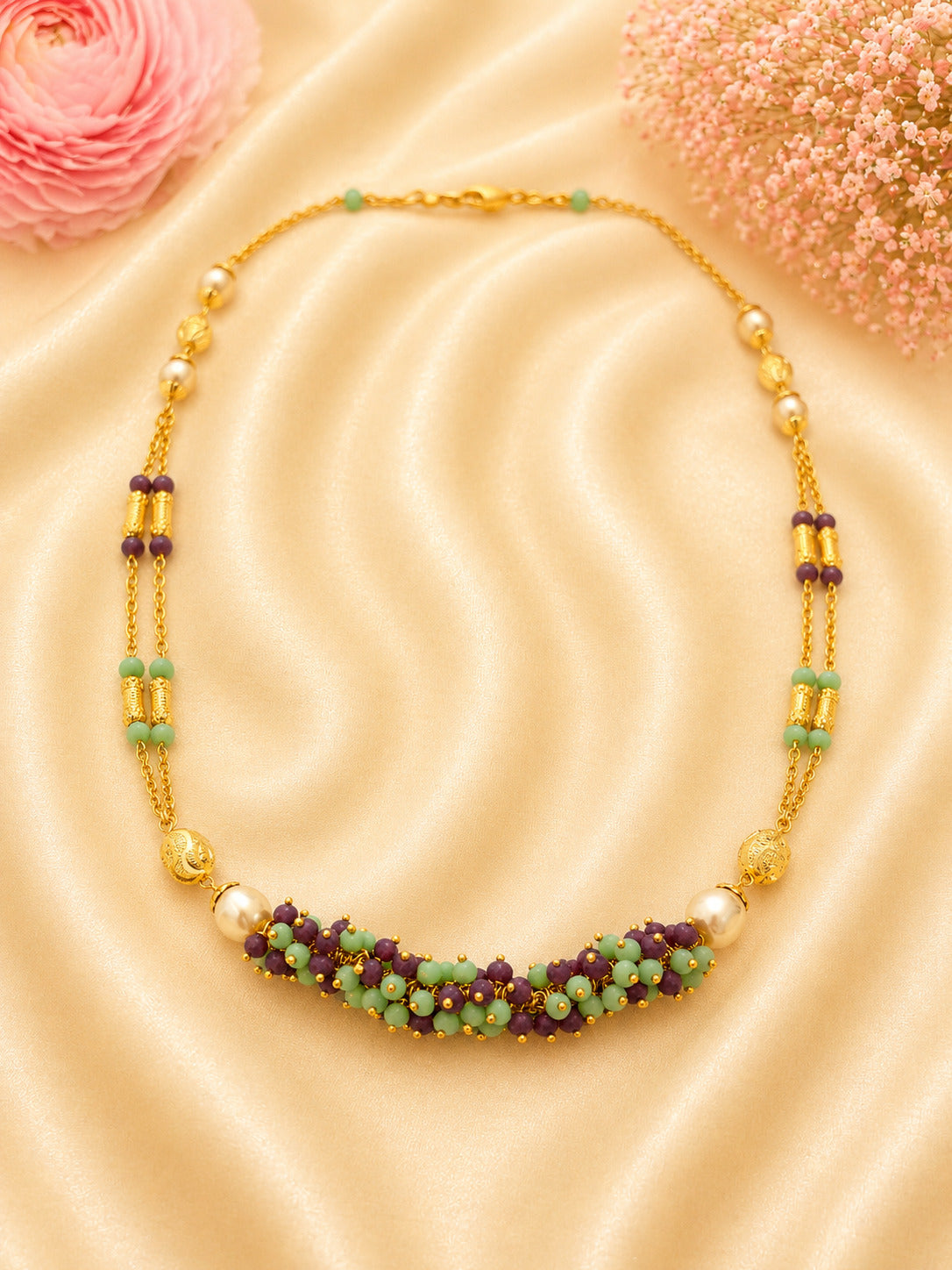 Elegant 92.5 Sterling Silver Gold-Plated Mint Green & Purple Beaded Ladies Chain