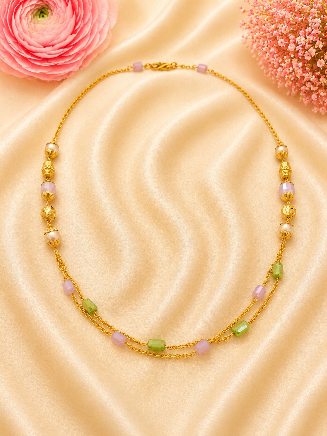 Elegant 92.5 Sterling Silver Gold-Plated Pastel Crystal Double-Layer Ladies Chain