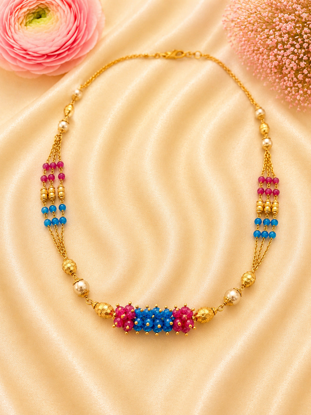 Designer 92.5 Sterling Silver Gold-Plated Blue & Pink Floral Ladies Chain